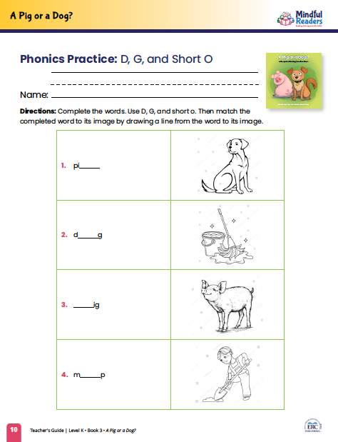 Student activity sheet pages showing phonics practice and life skills journal