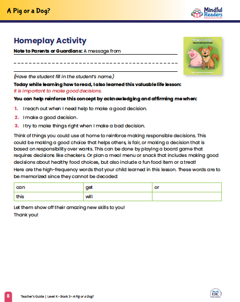 Sample Homeplay Activity page showing the family-facing format