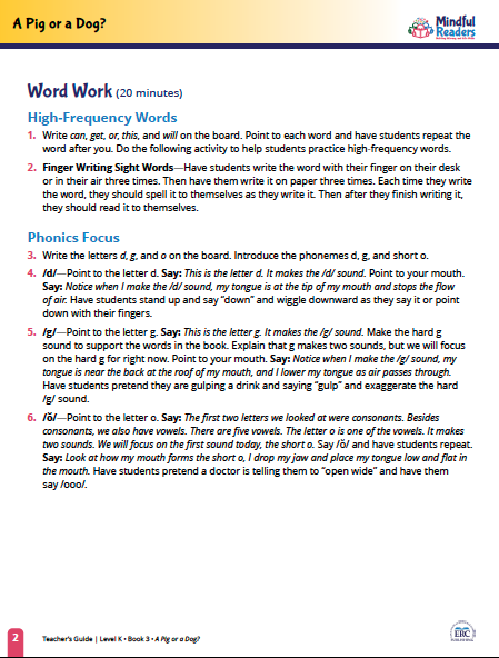 Open Mindful Readers lesson plan showing the structured lesson layout